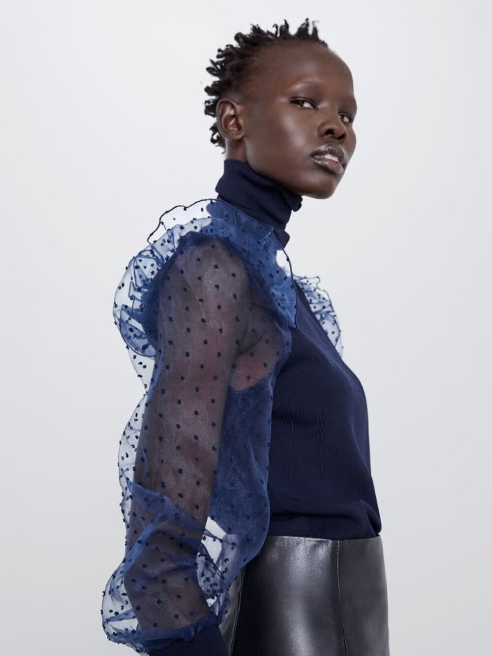 NWT ZARA Navy Blue Ribbed Knit Flocked Dot Organza Puff Sleeve Top, Size S - Picture 6 of 16